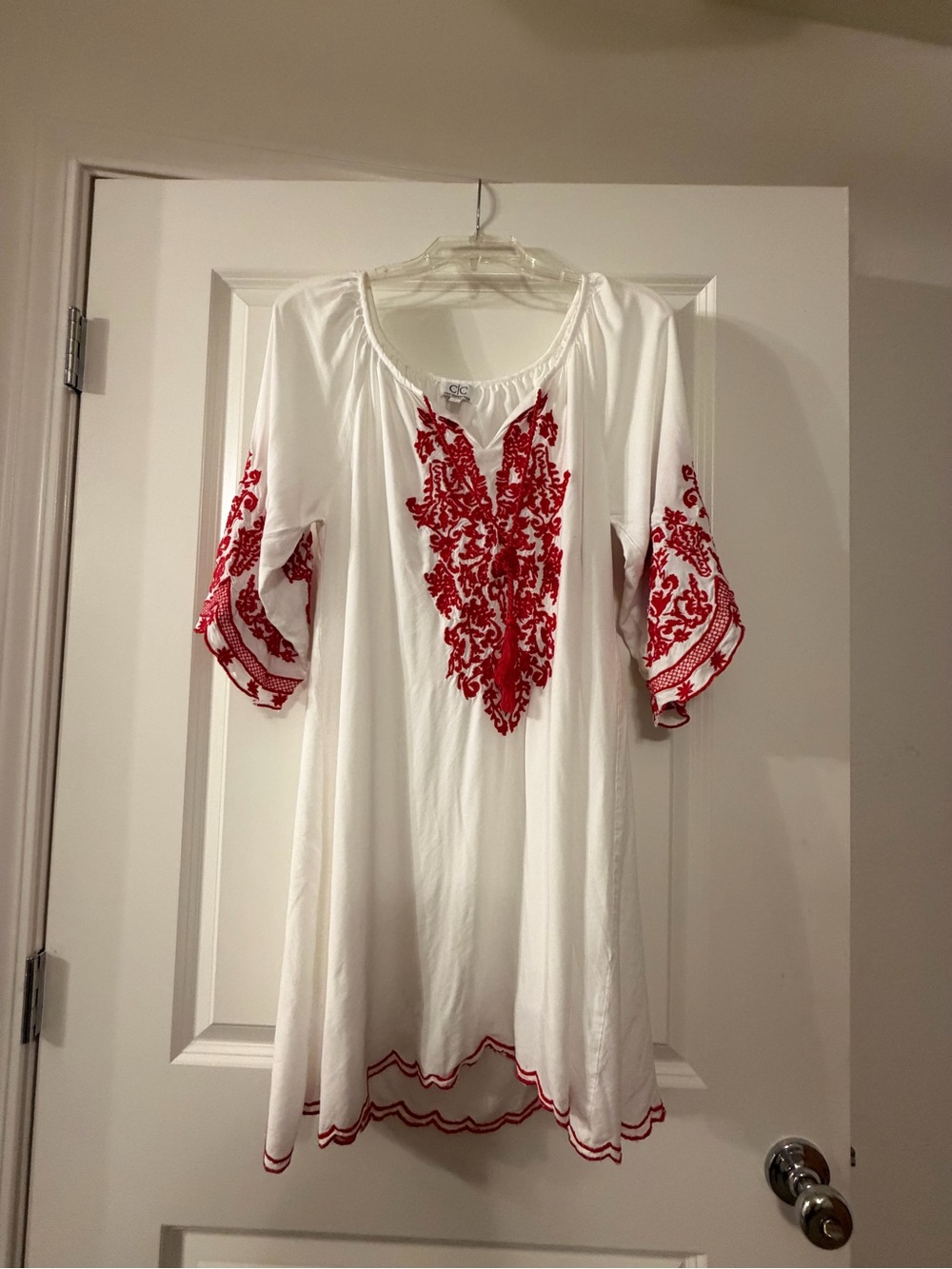 White Tunic with Red Embroidered V-Front